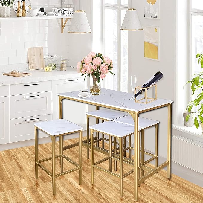 AT-VALY 5-Piece Bar Table Set with 4 Stools,Dining Room Table Set,Small Spaces (Gold & White) - LeafyLoom