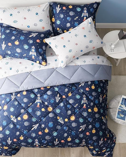 Kids Bedding Set for Boys, Twin Size 5 Pieces Space Themed Bed in a Bag, Super Soft Lightweight Microfiber Comforter Set with Sheets, Hotel Quality Durable Children Bed Set - LeafyLoom
