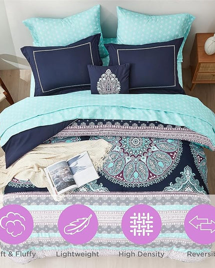 Degrees of Comfort Teen Twin Complete Comforter Sets for Girls, Boho Medallion Tween Bed in A Bag 6 Piece, Blue Microfiber Bedding Set with Sheets, Matching Decorative Pillow - LeafyLoom