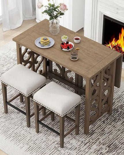 Extendable Dining 3-Piece Retro Solid Wood Counter Height Pub Set with Foldable Table and 2 Saddle Stools Brown for Kitchen and Small Spaces,Distressed - LeafyLoom