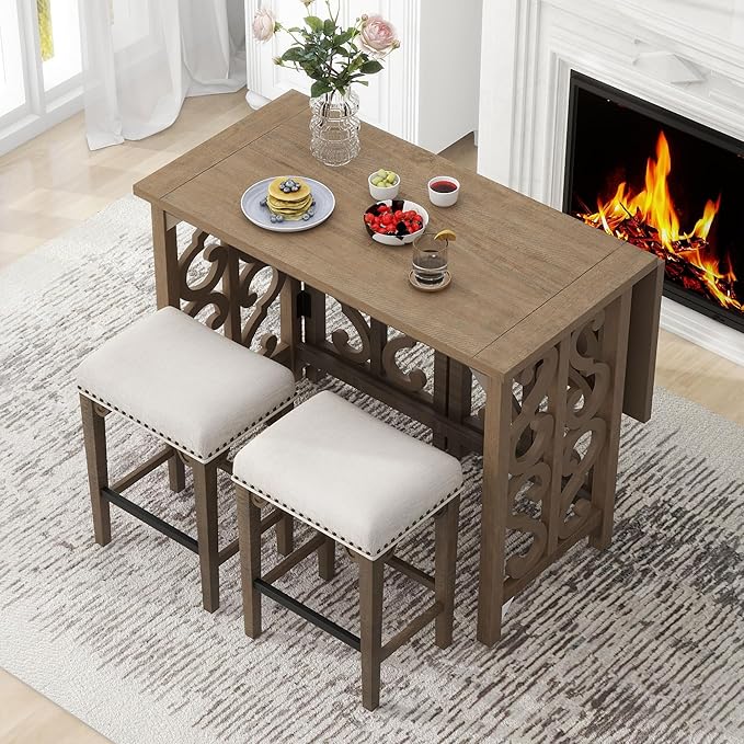 Extendable Dining 3-Piece Retro Solid Wood Counter Height Pub Set with Foldable Table and 2 Saddle Stools Brown for Kitchen and Small Spaces,Distressed - LeafyLoom