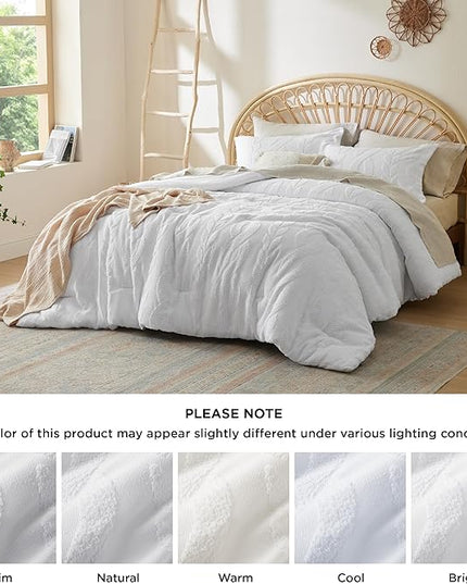 Bedsure King Size Comforter Set White, Boho Tufted Bedding Comforter Set, Farmhouse Jacquard Cable Knit Pattern Bed Set, 3 Pieces, 1 Shabby Chic Fluffy Comforter & 2 Pillow Shams - LeafyLoom