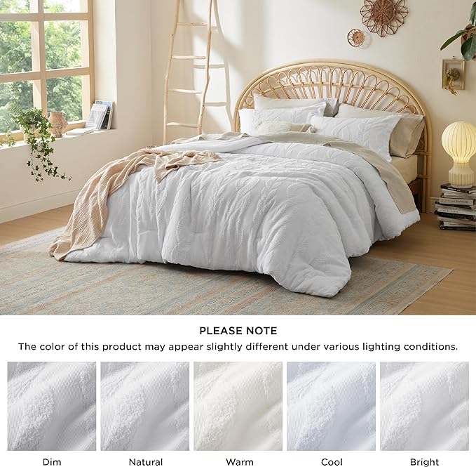 Bedsure King Size Comforter Set White, Boho Tufted Bedding Comforter Set, Farmhouse Jacquard Cable Knit Pattern Bed Set, 3 Pieces, 1 Shabby Chic Fluffy Comforter & 2 Pillow Shams - LeafyLoom