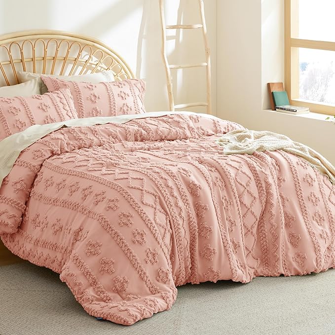Bedsure Tufted Boho Comforter Set Full - Pink Boho Bedding Comforter Set, 3 Pieces Farmhouse Shabby Chic Embroidery Bed Set, Soft Jacquard Comforter for All Seasons - LeafyLoom