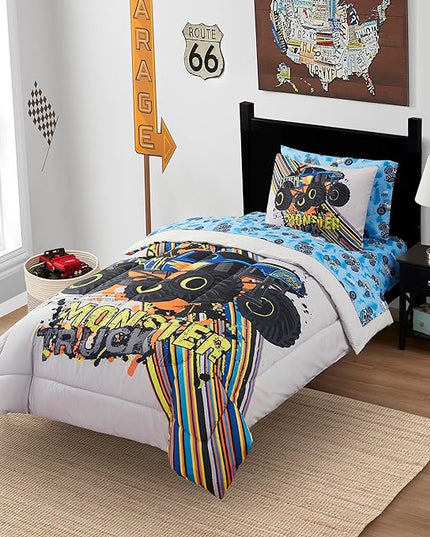 Kids Bedding Set Bed in a Bag for Boys and Girls Toddlers Printed Sheet Set and Comforter, Twin, Monster Truck - LeafyLoom