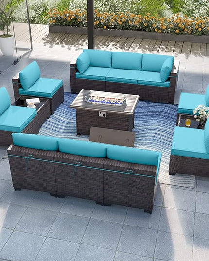 Patio Furniture Set with Fire Pit Table 13 PCS Outdoor Sectional Furniture Outdoor Rattan Patio Conversation Sets with 43in 55,000 BTU Propane Gas Fire Pit Table Glass Table, Blue - LeafyLoom