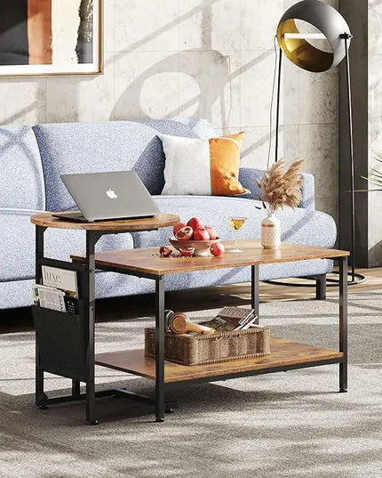 WLIVE Coffee Table and End Table Set, 31.3" Center Table and 18.7" Small Round Coffee Table with Side Pouch, Wood Nesting Coffee Table for Living Room, Bedroom, Rustic Brown - LeafyLoom