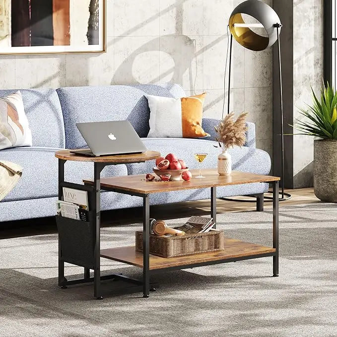 WLIVE Coffee Table and End Table Set, 31.3" Center Table and 18.7" Small Round Coffee Table with Side Pouch, Wood Nesting Coffee Table for Living Room, Bedroom, Rustic Brown - LeafyLoom