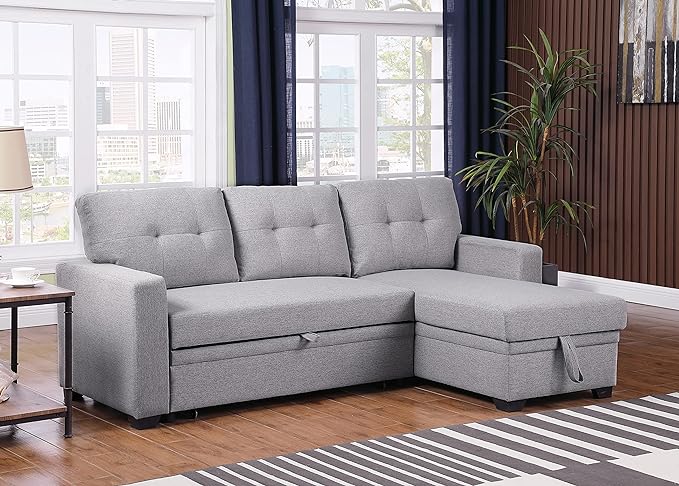 L Shaped Pull Out Sectional Sofa with Storage Chaise, 82 Inch Linen Upholstered Reversible Couch Sleeper Bed, for Living Room, Apartment and Office, Light Gray, 82 - LeafyLoom