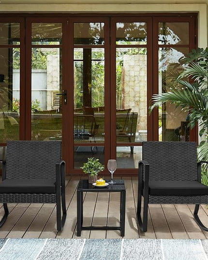 Greesum 3 Pieces Outdoor Furniture Set Patio Bistro Rocking Chairs with Glass Coffee Table for Pool Beach Backyard Balcony Porch Deck Garden, Black - LeafyLoom