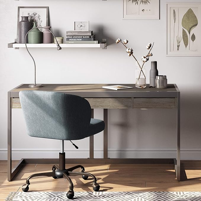 SIMPLIHOME Erina SOLID WOOD and Metal Modern Industrial 60 inch Wide Home Office Desk, Writing Table, Workstation, Study Table Furniture in Distressed Grey with 2 Drawers - LeafyLoom