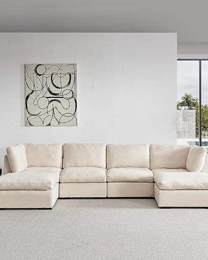 U Shaped Down Filled Oversized Cloud Couch with Double Chaise, Deep Seat Free Combination Convertible Corner Sectional Sofa Bed with Detachable Backrest and Wooden Legs for Living Room Office - LeafyLoom