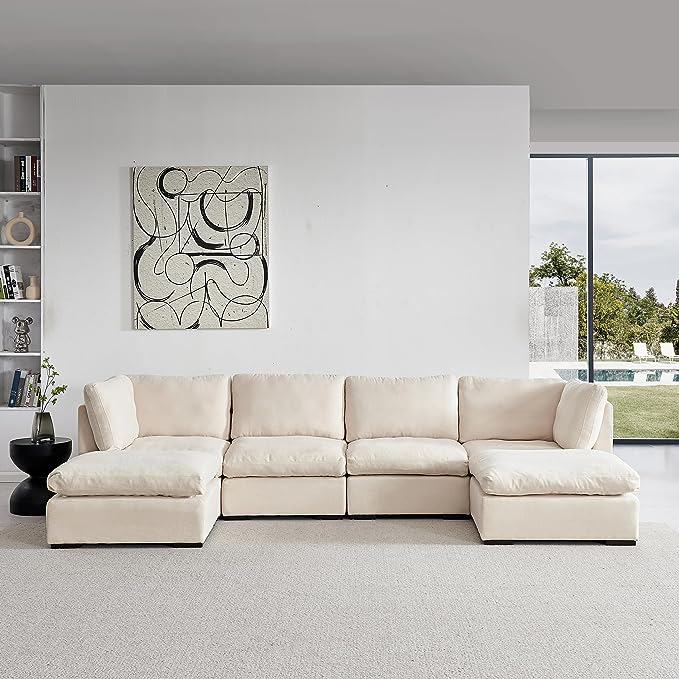 U Shaped Down Filled Oversized Cloud Couch with Double Chaise, Deep Seat Free Combination Convertible Corner Sectional Sofa Bed with Detachable Backrest and Wooden Legs for Living Room Office - LeafyLoom