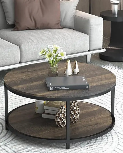 NSdirect 36 inches Round Coffee Table, Rustic Wooden Surface Top & Sturdy Metal Legs Industrial Sofa Table for Living Room Modern Design Home Furniture with Storage Open Shelf(Rustic Brown) - LeafyLoom