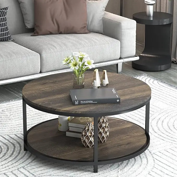 NSdirect 36 inches Round Coffee Table, Rustic Wooden Surface Top & Sturdy Metal Legs Industrial Sofa Table for Living Room Modern Design Home Furniture with Storage Open Shelf(Rustic Brown) - LeafyLoom