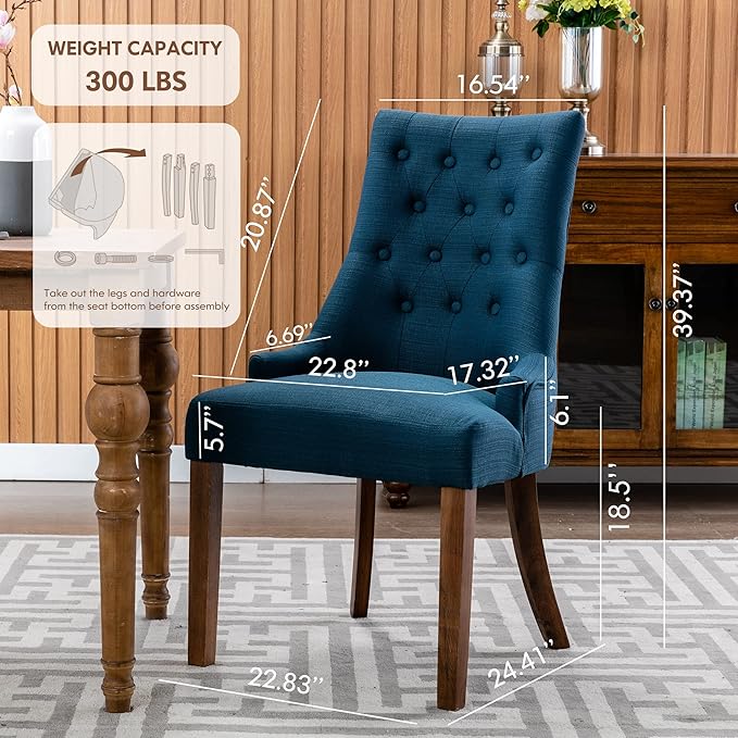 COLAMY Wingback Upholstered Dining Chairs Set of 2, Fabric Side Dining Room Chairs with Tufted Button, Living Room Chairs for Home Kitchen- Dark Blue - LeafyLoom