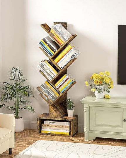Hoctieon 6 Tier Tree Bookshelf, Tall Bookcase with Drawer, Freestanding Book Shelf, Display Floor Standing Storage Shelf, Book Organizer Shelves for Home Office, Rustic Brown - LeafyLoom