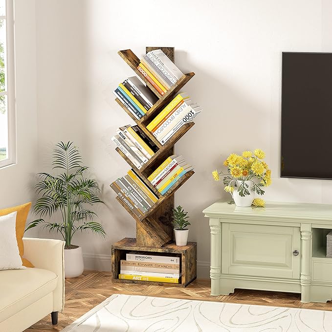 Hoctieon 6 Tier Tree Bookshelf, Tall Bookcase with Drawer, Freestanding Book Shelf, Display Floor Standing Storage Shelf, Book Organizer Shelves for Home Office, Rustic Brown - LeafyLoom