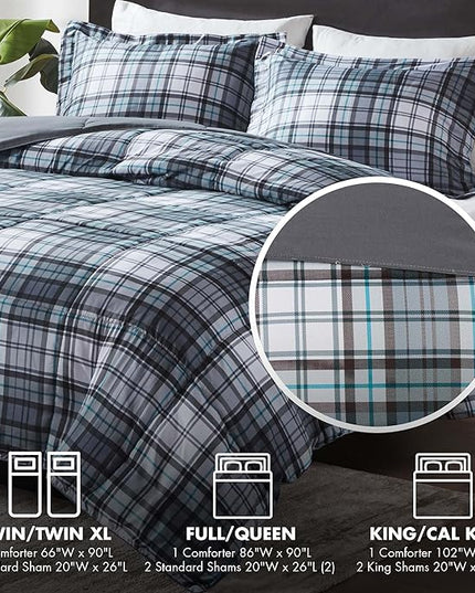 Madison Park Essentials Parkston Plaid Comforter, Matching Sham, 3M Scotchguard Stain Release Cover, Hypoallergenic All Season Bedding-Set, King/California King, Grey, 3 Piece - LeafyLoom