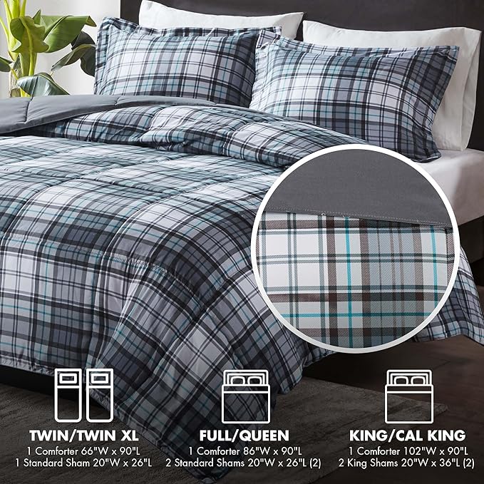 Madison Park Essentials Parkston Plaid Comforter, Matching Sham, 3M Scotchguard Stain Release Cover, Hypoallergenic All Season Bedding-Set, King/California King, Grey, 3 Piece - LeafyLoom