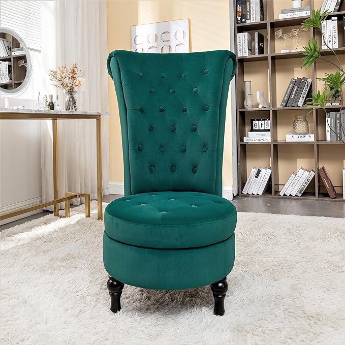 Royal High-Back Velvet Accent Chair for Vanity with Storage and Luxurious Upholstery, Retro Design and Versatile Usage for Living Room, Bedroom, Lounge and Office, Green - LeafyLoom