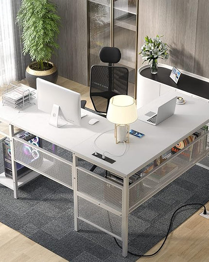 Unikito Magic Portable 4 Outlets L Shaped Desk, Reversible 55 Inch L-Shaped Computer Desk with Storage Shelf and USB Charging Port, Unique Grid Design, Large Gaming Corner Table for Home Office, White - LeafyLoom