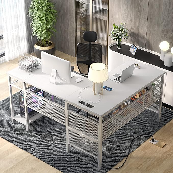 Unikito Magic Portable 4 Outlets L Shaped Desk, Reversible 55 Inch L-Shaped Computer Desk with Storage Shelf and USB Charging Port, Unique Grid Design, Large Gaming Corner Table for Home Office, White - LeafyLoom