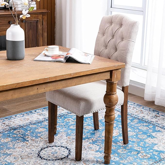 Stylish Upholstered Nailhead Trim and Sturdy Solid Wood Legs Parson Dining Chair, Set of 6, Beige - LeafyLoom