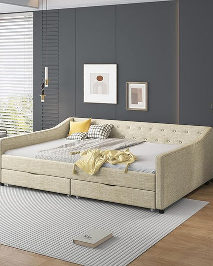 Full Size Upholstered Daybed with 2 Drawers,Wood Sofa Bed Frame W/Button Tufted Backrest and Waved Shape Arms,Slats Support,Linen Fabric Day Bed,for Bedroom,Living Room,Apartment,Beige - LeafyLoom