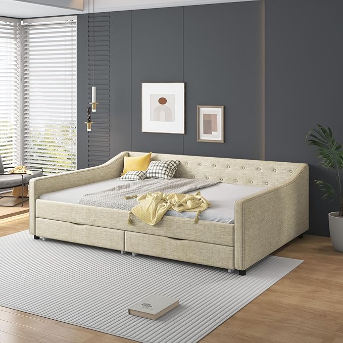 Full Size Upholstered Daybed with 2 Drawers,Wood Sofa Bed Frame W/Button Tufted Backrest and Waved Shape Arms,Slats Support,Linen Fabric Day Bed,for Bedroom,Living Room,Apartment,Beige - LeafyLoom