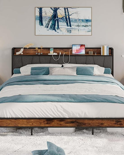 LIKIMIO California King Bed Frames, Storage Headboard with Charging Station, Solid and Stable, Noise Free, No Box Spring Needed, Easy Assembly - LeafyLoom