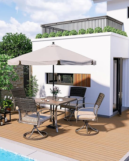 Pamapic 5 Piece Patio Dining Set for 4,Outdoor Wicker Furniture Set for Backyard Garden Deck Poolside with 4 Cushions Swivel Rocker Chairs,Square Plastic-Wood Table Top, Removable Cushions(Beige) - LeafyLoom