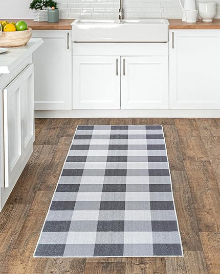 nuLOOM Lucy Machine Washable Farmhouse Buffalo Plaid Ultra Thin Runner Rug, 2' 6" x 6', Grey - LeafyLoom