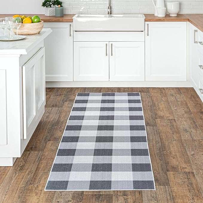 nuLOOM Lucy Machine Washable Farmhouse Buffalo Plaid Runner Rug, 2' 6" x 8', Grey, Rectangular, 0.1" Thick - LeafyLoom