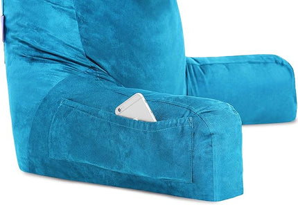 Husband Pillow XXL Aspen Edition - Adult Reading Sit Up Bed Rest Pillow for Bed with Arms & Neck Roll on Bungee Cord - Premium Memory Foam - Reversible 2 Sided Cover Micro Suede or Plush, Rodeo Blue - LeafyLoom