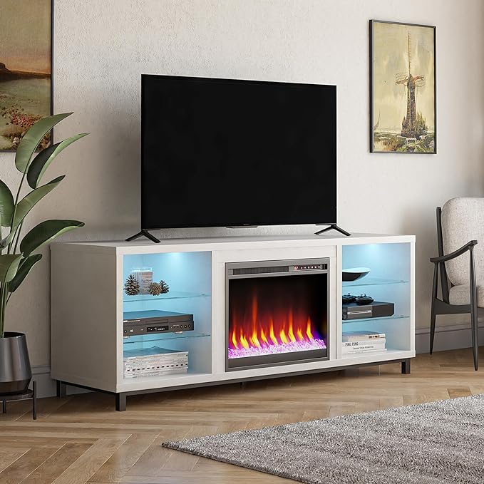 Ameriwood Home Lumina Fireplace TV Stand, Deluxe 70", White - LeafyLoom