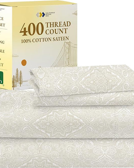 California Design Den Queen Sheet Set Paisley, 400 Thread Count, 100% Cotton Sateen 4 Pc Queen Size Sheets Set, Deep Pocket Sheets & Pillowcase Set - Paisley - Beige - LeafyLoom