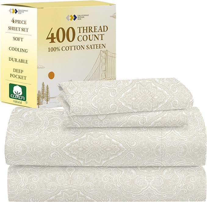 California Design Den Queen Sheet Set Paisley, 400 Thread Count, 100% Cotton Sateen 4 Pc Queen Size Sheets Set, Deep Pocket Sheets & Pillowcase Set - Paisley - Beige - LeafyLoom
