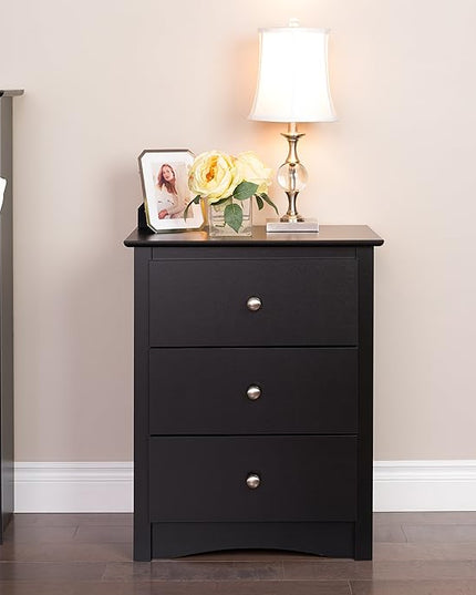 Prepac Sonoma Traditional Tall Nightstand Side Table with 3 Drawers, Functional Tall 3-Drawer Bedside Table 16" D x 23" W x 29" H, Black, BDC-2403 - LeafyLoom