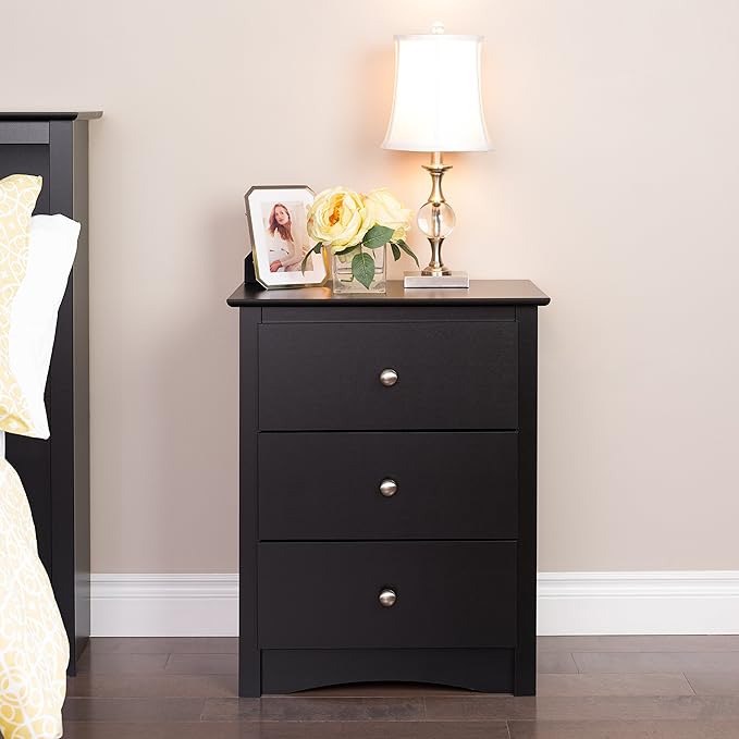 Prepac Sonoma Traditional Tall Nightstand Side Table with 3 Drawers, Functional Tall 3-Drawer Bedside Table 16" D x 23" W x 29" H, Black, BDC-2403 - LeafyLoom