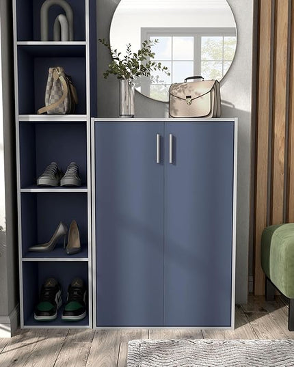 Apexa Stackable Wood Bookcase with Doors, Cube Storage Organizer Shelves, Small Food Pantry, Dorm Teen Room Decor & Bedroom, Home Office, Kitchen, 3-Tier Cabinet, Steel Blue - LeafyLoom