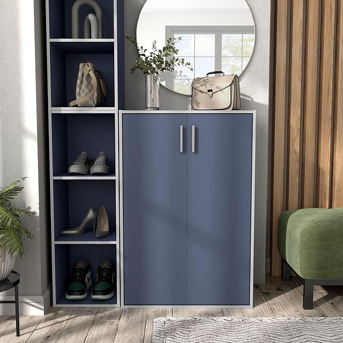 Apexa Stackable Wood Bookcase with Doors, Cube Storage Organizer Shelves, Small Food Pantry, Dorm Teen Room Decor & Bedroom, Home Office, Kitchen, 3-Tier Cabinet, Steel Blue - LeafyLoom