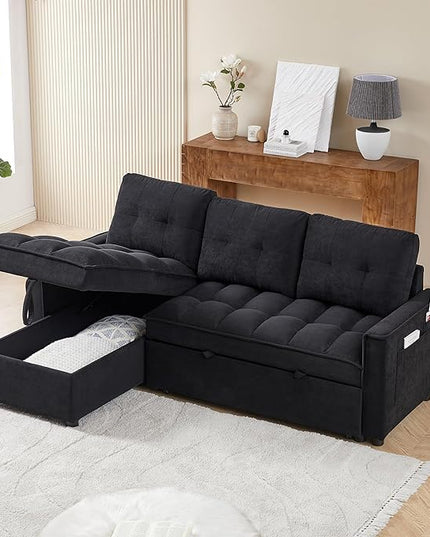 Chenille Convertible Sleeper Sectional Sofa with Reversible Storage Chaise and Pull Out Couch Bed , L Shaped Corner Sofabed with USB and tape-c Charging Ports for Living Room Office Small Places - LeafyLoom