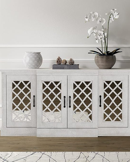 Galano Millicent Wide Sideboard Buffet Cabinet, Kitchen Storage Cabinet with Acrylic Mirror Doors, Cupboard Console Table, Rustic Farmhouse Buffet Display for Coffee Bar, Dusty Grey Oak - LeafyLoom