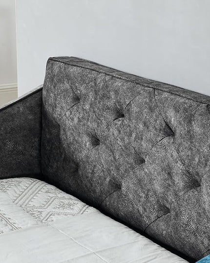 Queen Size Upholstered Daybed with Two Storage Drawers, Tufted Sofa Bed w/Waved Shape Arms, for Bedroom Living Room, No Box Spring Needed & Space-Saving Design, Grey - LeafyLoom