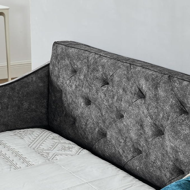 Queen Size Upholstered Tufted Daybed with Two Pull Out Drawers Bed, Button Polyester on Back, Waved Shape Arms for Bedroom, Living Room,No Need Boxing Spring - LeafyLoom