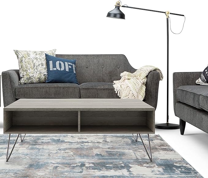 SIMPLIHOME Hunter SOLID MANGO WOOD and Metal 48 Inch Wide Rectangle Industrial Lift Top Coffee Table in Grey, For the Living Room and Family Room - LeafyLoom