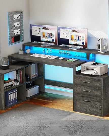 YITAHOME L Shaped Desk with 3 Drawers, 65" Corner Computer Desk with Power Outlets & LED Lights, L-Shaped Desk with File Cabinet & Printer Stand for Home Office, Grey - LeafyLoom
