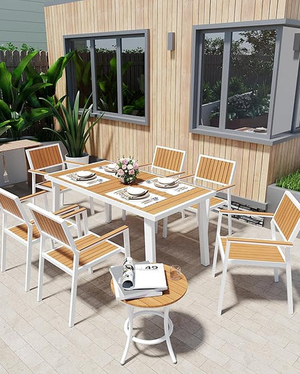 Pamapic 8-Piece Patio Dining Set，Outdoor Aluminum Furniture Set with Plastic-Wood Table Top,Outdoor Furniture Set with 6 Outdoor Stackable Chairs for Patio Garden Poolside (White) - LeafyLoom