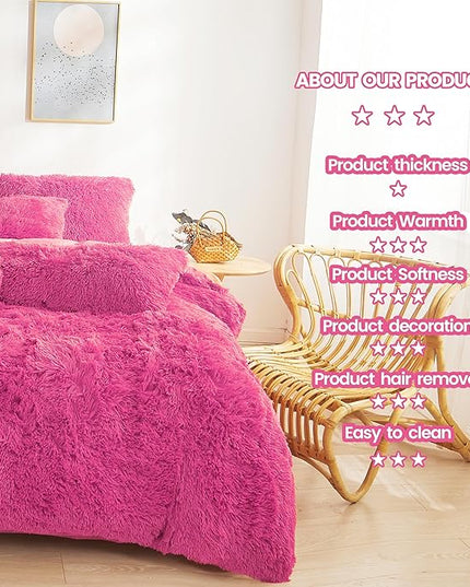 FOPPA Hot pink fluffy Comforter Cover Set king- Ultra Soft fluffy hot pink Bedding Sets 3 Pieces (1 Duvet Cover + 2 Pillow case) hot pink fluffy bed set (Hot pink, King) - LeafyLoom